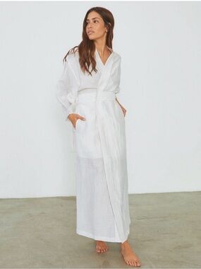 LUNYA Linen Silk Striped Resort Kimono Robe White Beige